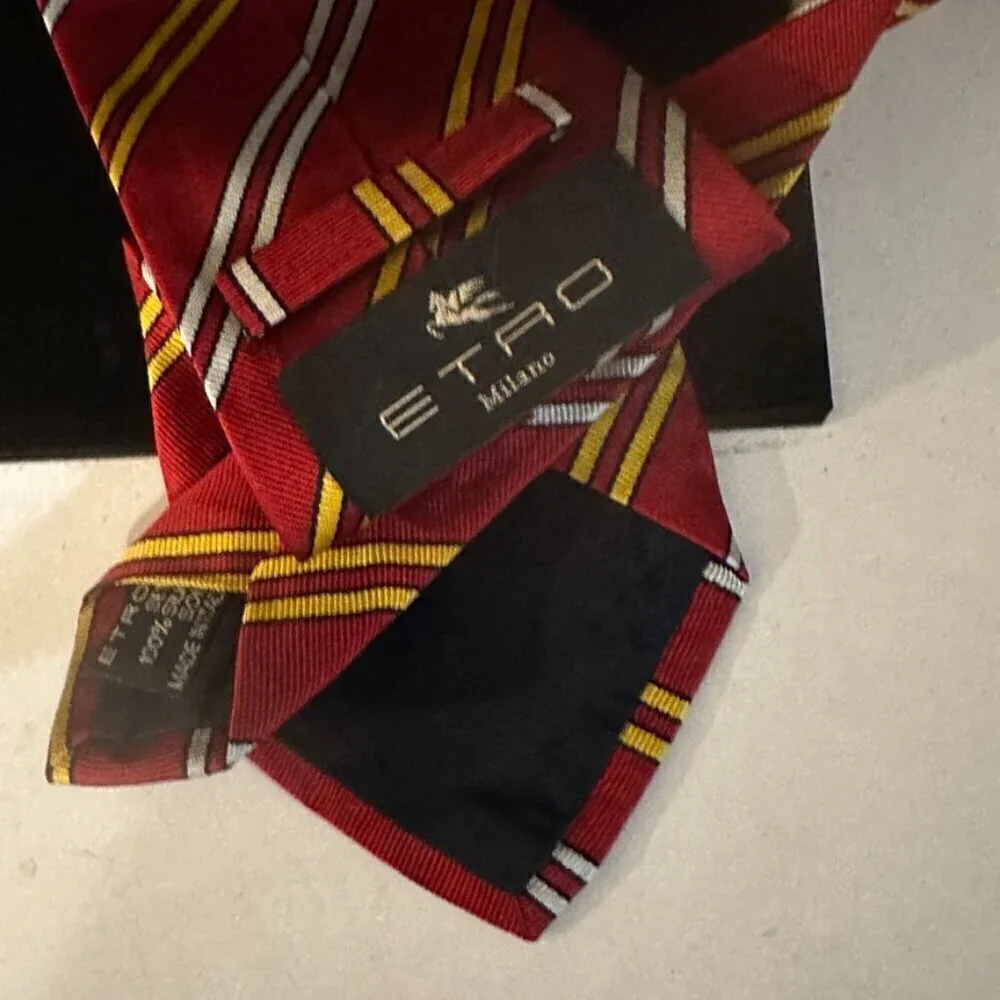 Etro Red Yellow White Silk Tie Diagonal Striped Stripes Luxury Business Formal